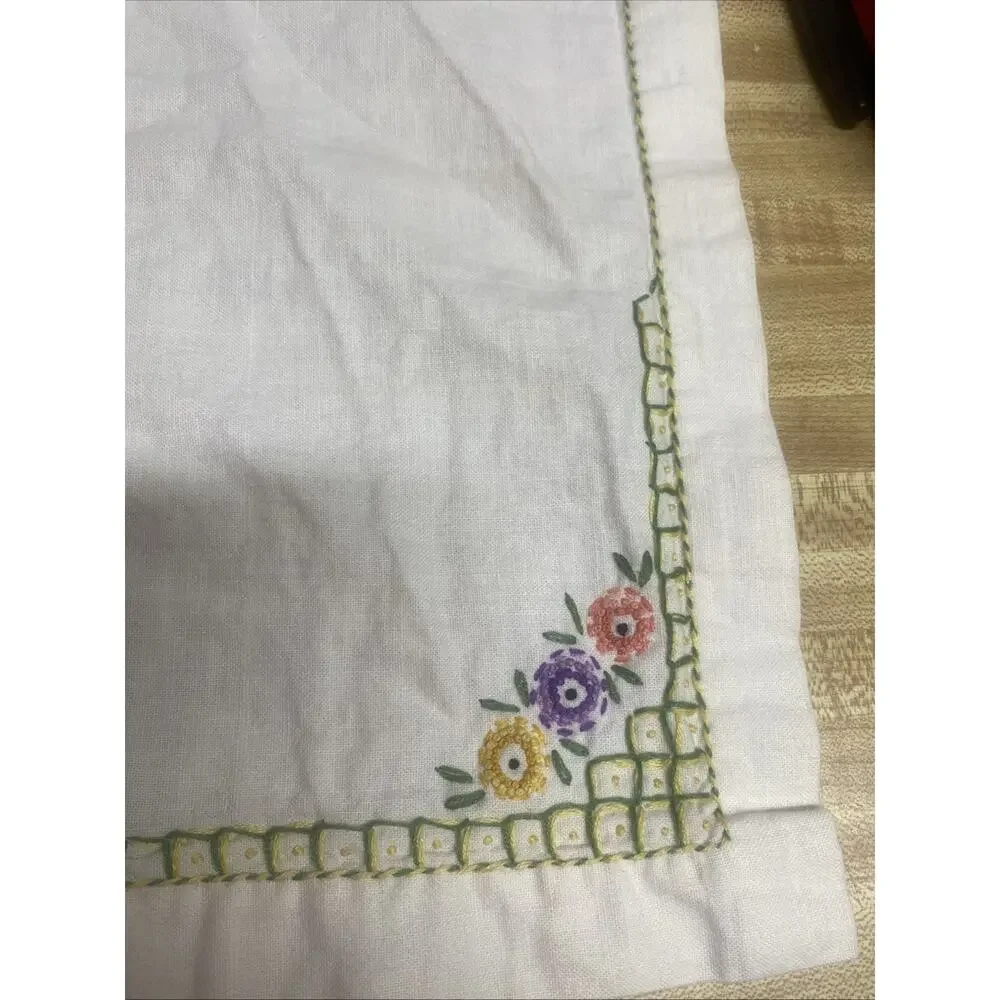 Vintage Hand Embroidered Cotton Linen Tablecloth European 32” Square